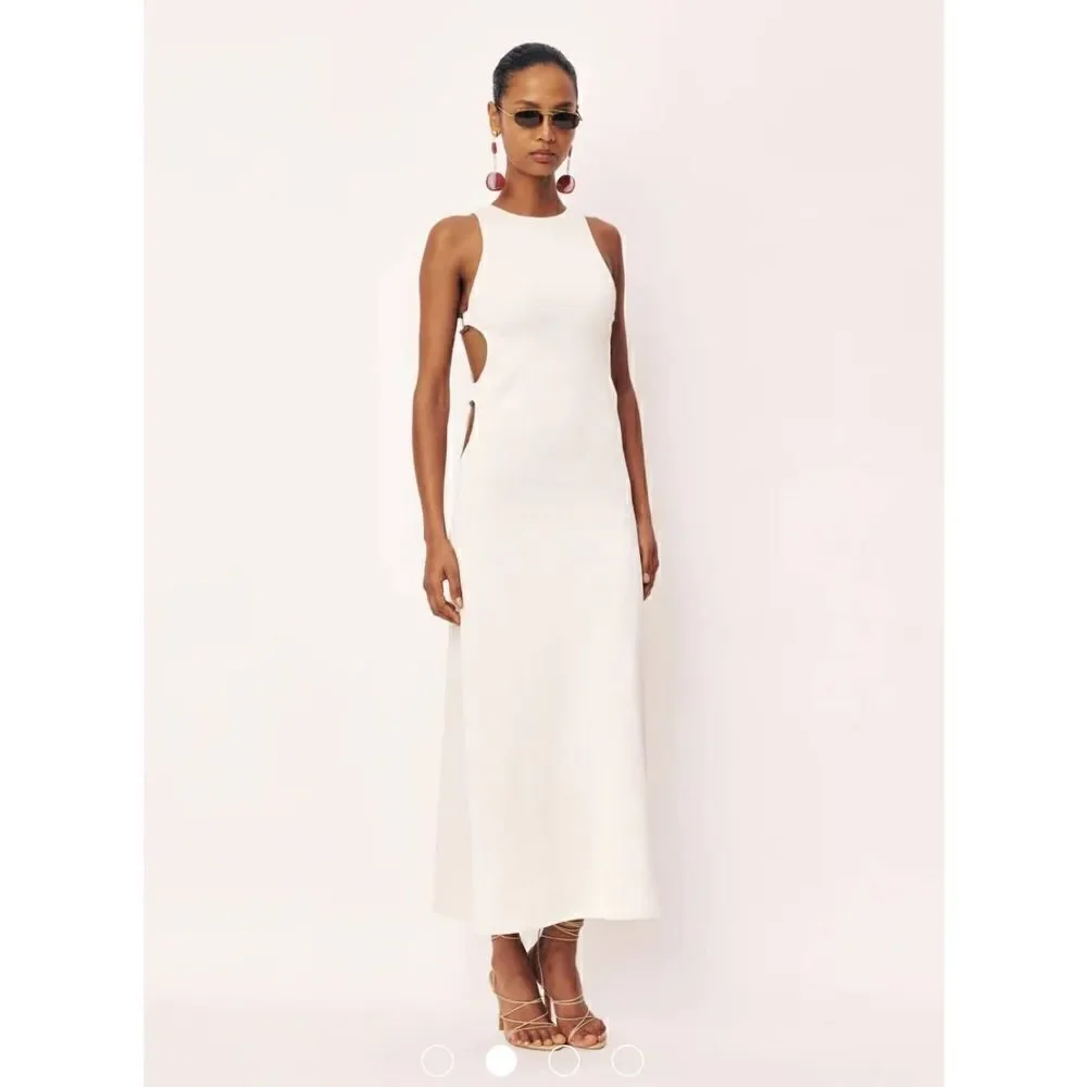 Savannah Morrow Rosalia Womens Medium Midi Dress Ivory Cutout Beachy Cruise NWOT